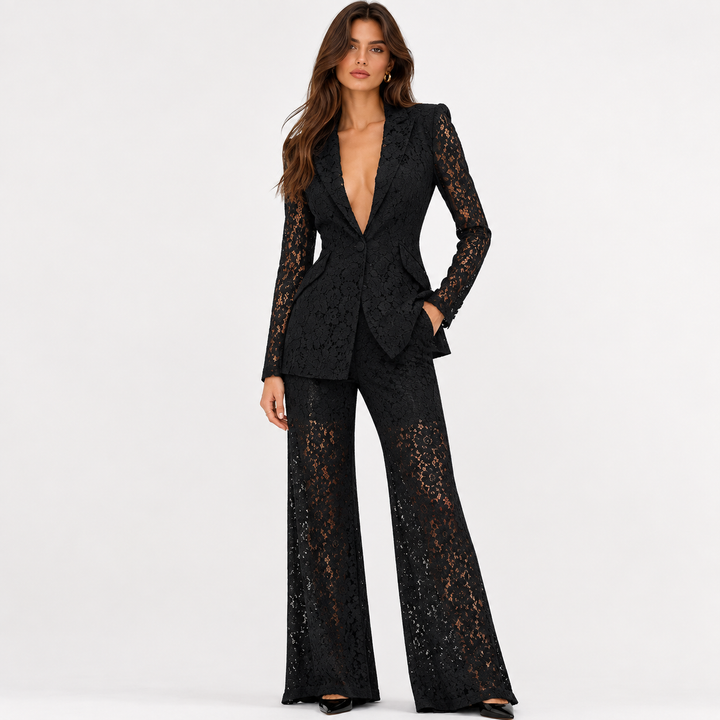 Veil | Lace Peplum Blazer and Wide Leg Pants Set