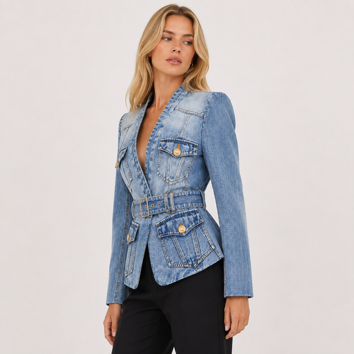 Risk | Denim Peplum Jacket with Belted Waist