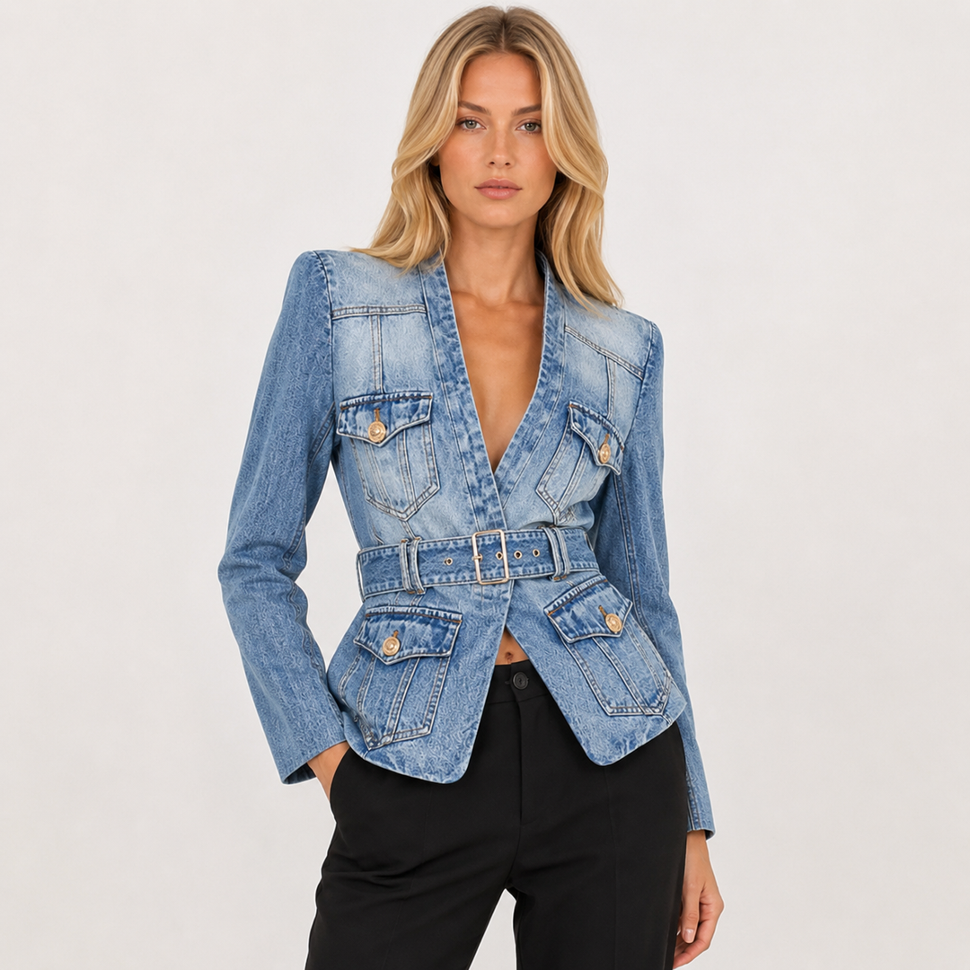 Risk | Denim Peplum Jacket with Belted Waist