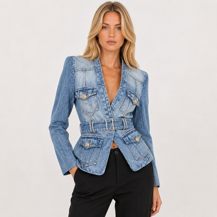 Risk | Denim Peplum Jacket with Belted Waist