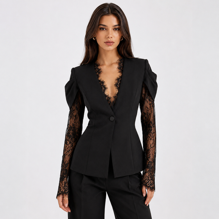 Shade | Black Lace Sleeve V Neck Fitted Blazer