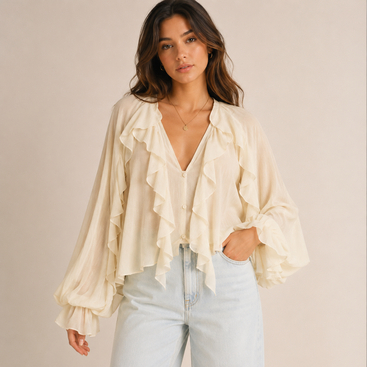 Flair | Ruffle Trim Balloon Sleeve Blouse