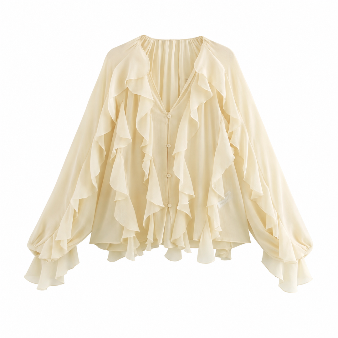 Flair | Ruffle Trim Balloon Sleeve Blouse