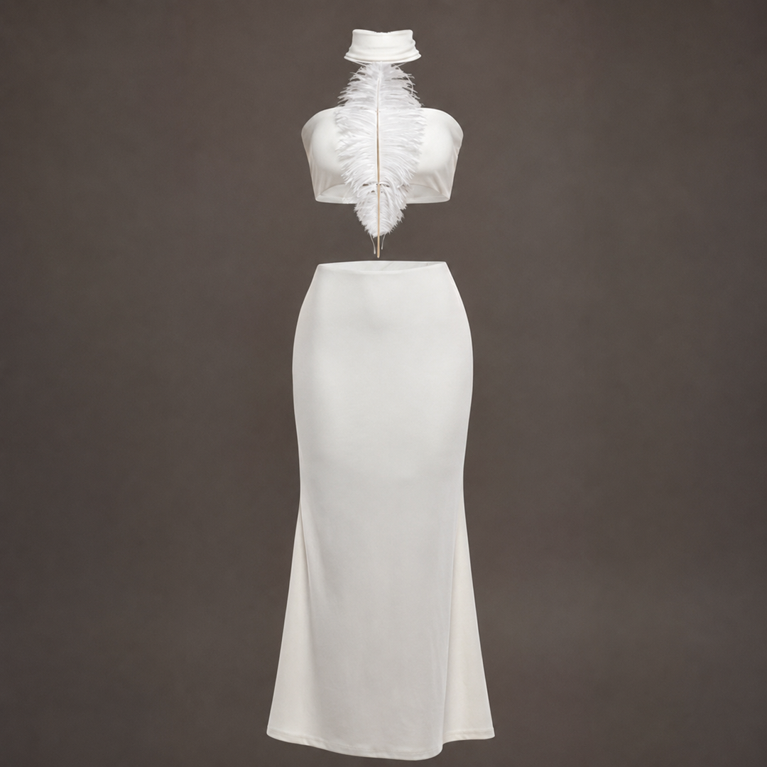 Fluff | White Feather Tube Top Wrap Skirt Set