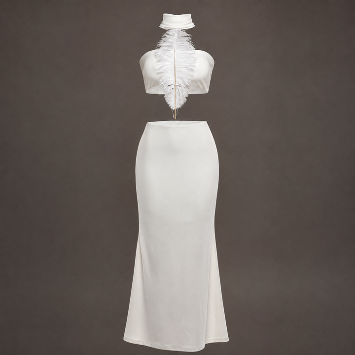 Fluff | White Feather Tube Top Wrap Skirt Set