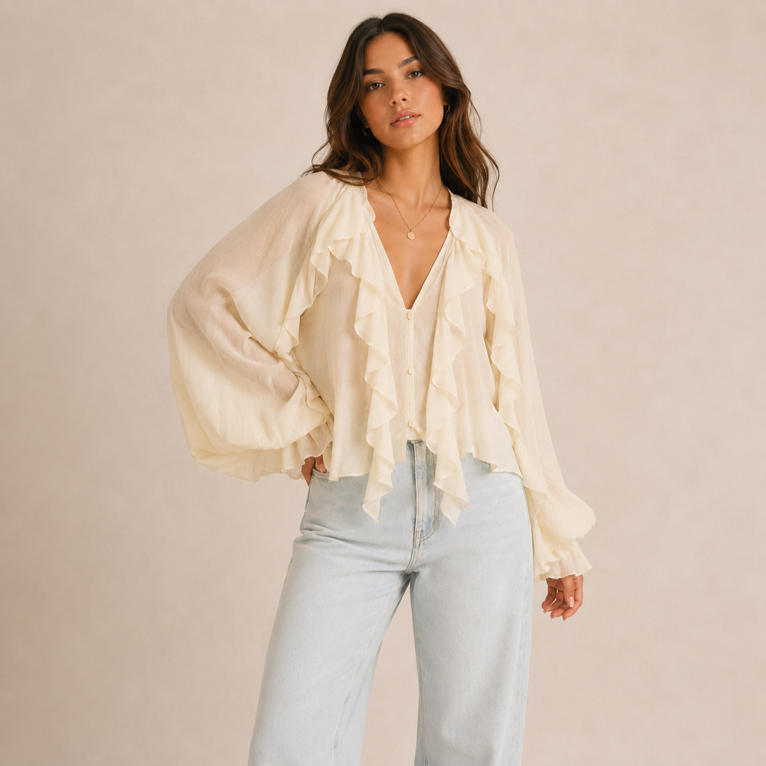 Flair | Ruffle Trim Balloon Sleeve Blouse