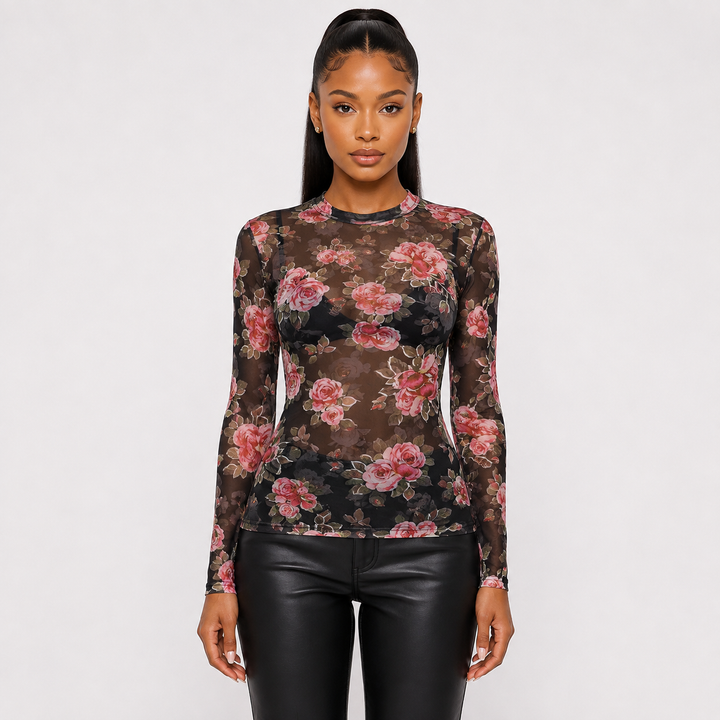 Thorn | Sheer Floral Mesh Long Sleeve Top
