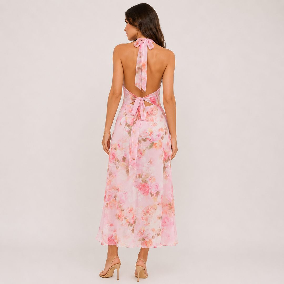Sweet | Pink Floral Chiffon Halter Maxi Dress