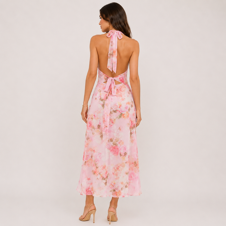 Sweet | Pink Floral Chiffon Halter Maxi Dress