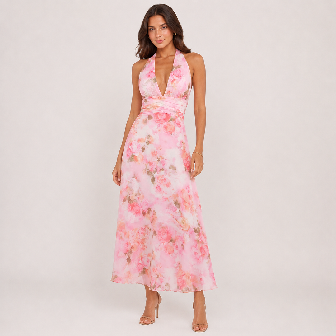 Sweet | Pink Floral Chiffon Halter Maxi Dress