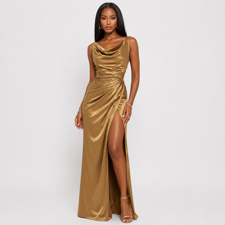 Gleam | Gold Satin Cowl Neck Draped Maxi Dress