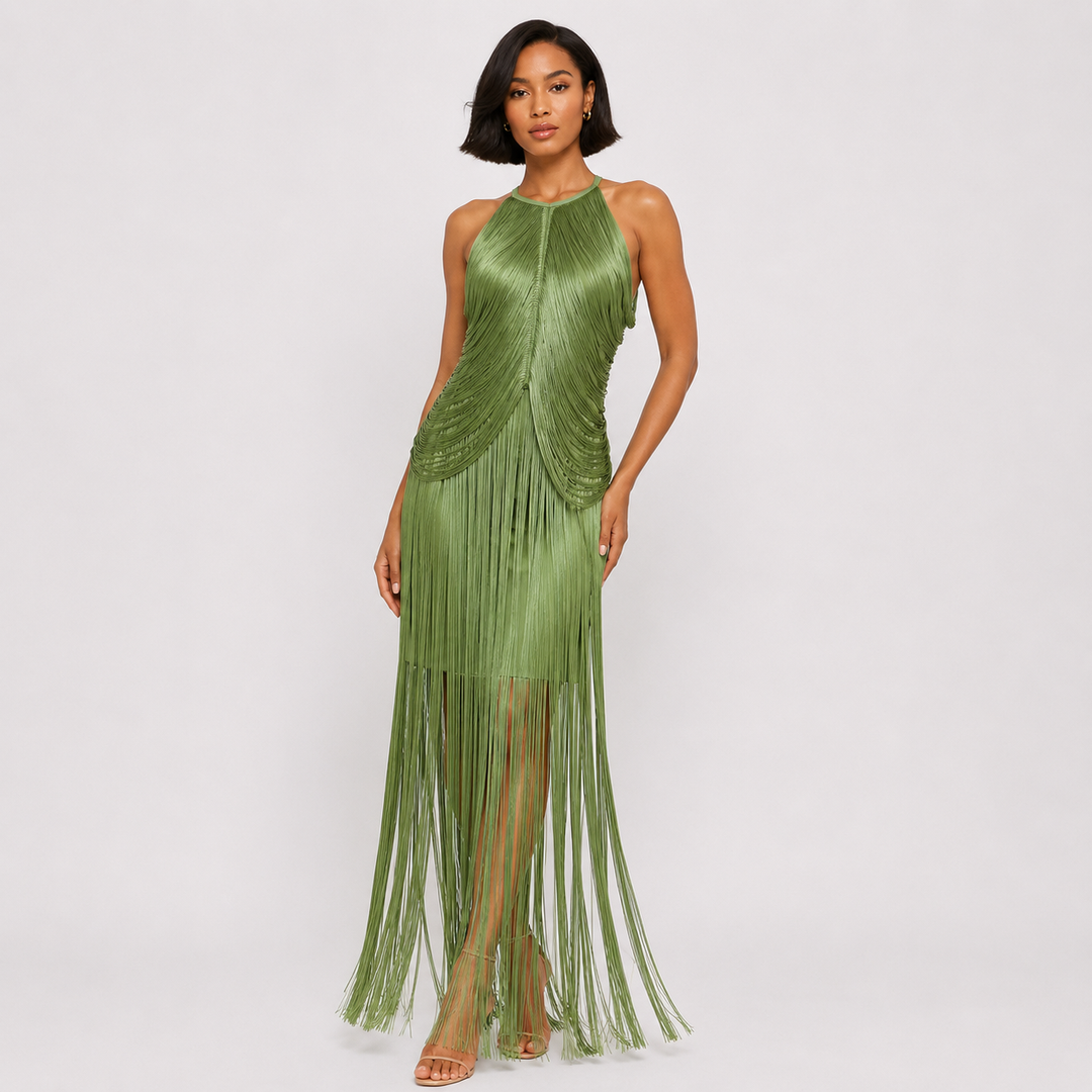 Wave | Green Fringe Halter Tassel Maxi Dress