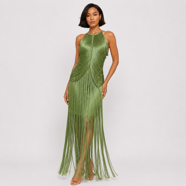 Wave | Green Fringe Halter Tassel Maxi Dress