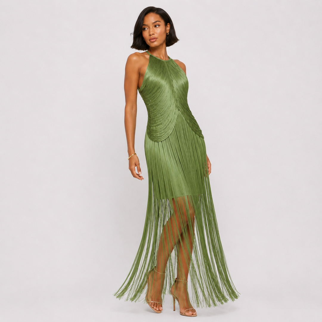Wave | Green Fringe Halter Tassel Maxi Dress