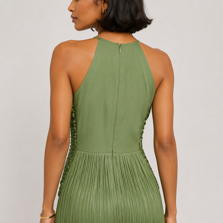 Wave | Green Fringe Halter Tassel Maxi Dress