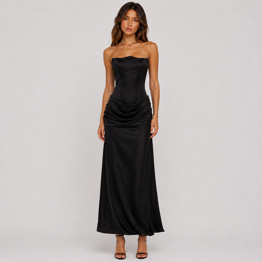 Envy | Black Satin Corset Ruched Maxi Dress