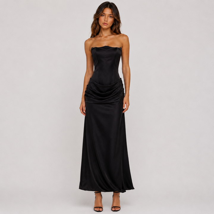 Envy | Black Satin Corset Ruched Maxi Dress