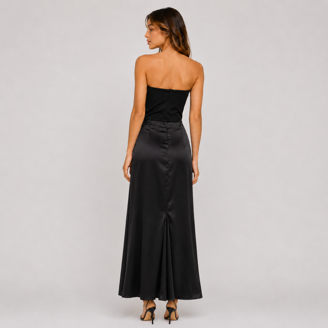 Envy | Black Satin Corset Ruched Maxi Dress