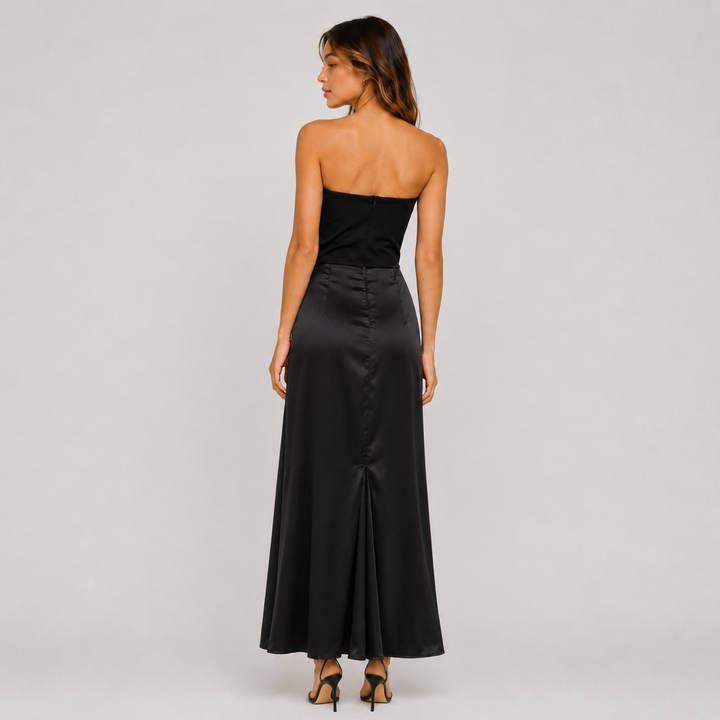 Envy | Black Satin Corset Ruched Maxi Dress