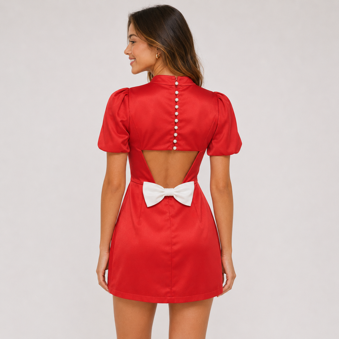 Bow | Red Satin Half Turtleneck Open Back Mini Dress
