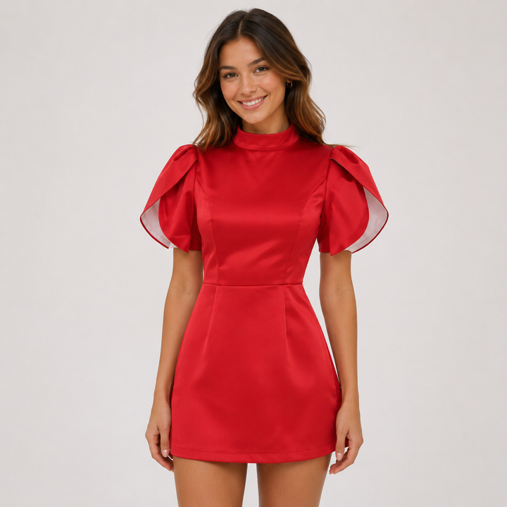 Bow | Red Satin Half Turtleneck Open Back Mini Dress