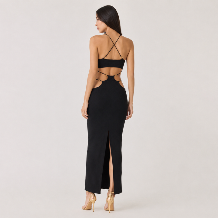 Lust | Black Ring Halter Cutout Midi Dress