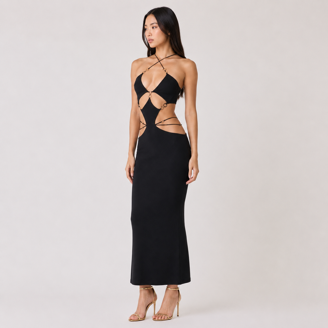 Lust | Black Ring Halter Cutout Midi Dress