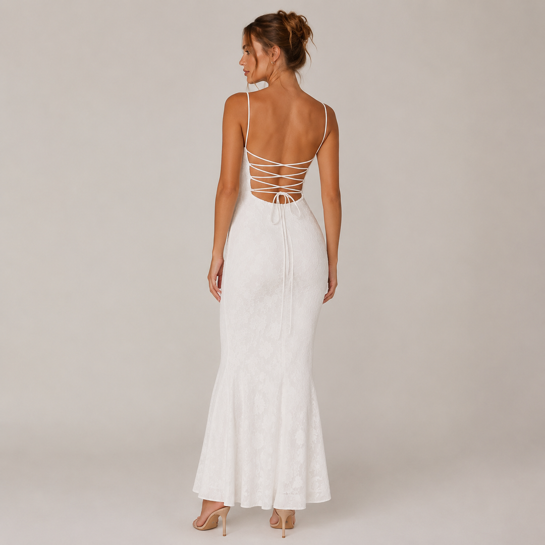 Faith | White Lace Up Back Mermaid Maxi Dress