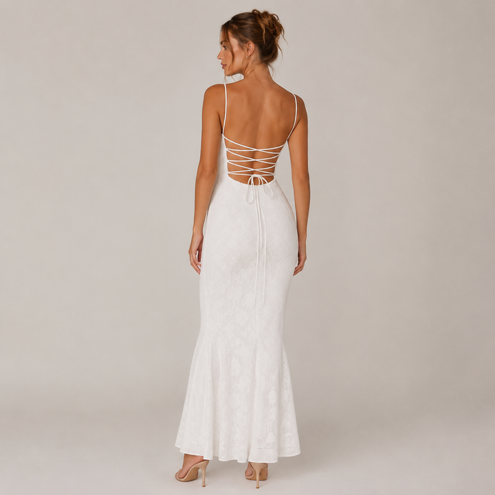 Faith | White Lace Up Back Mermaid Maxi Dress