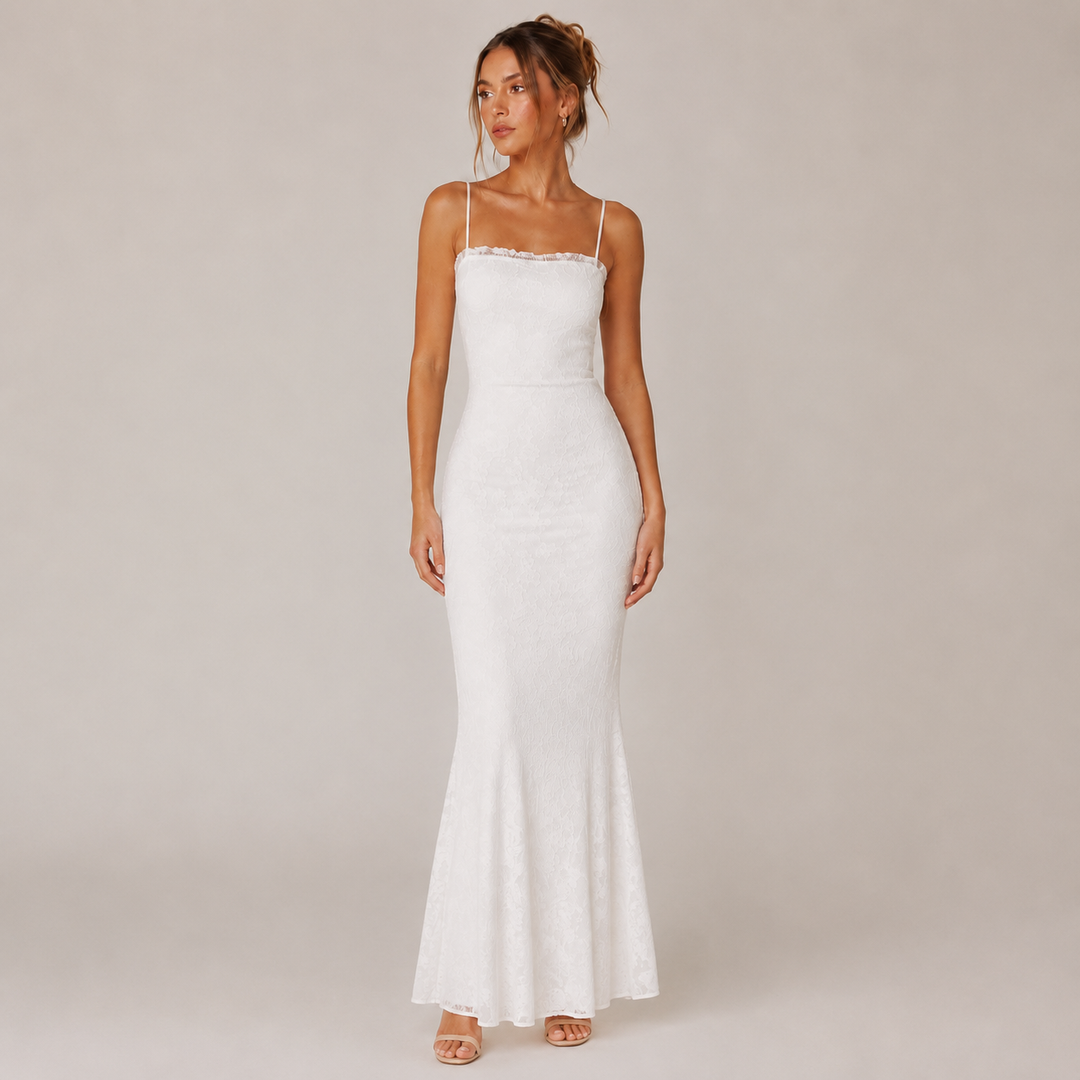 Faith | White Lace Up Back Mermaid Maxi Dress
