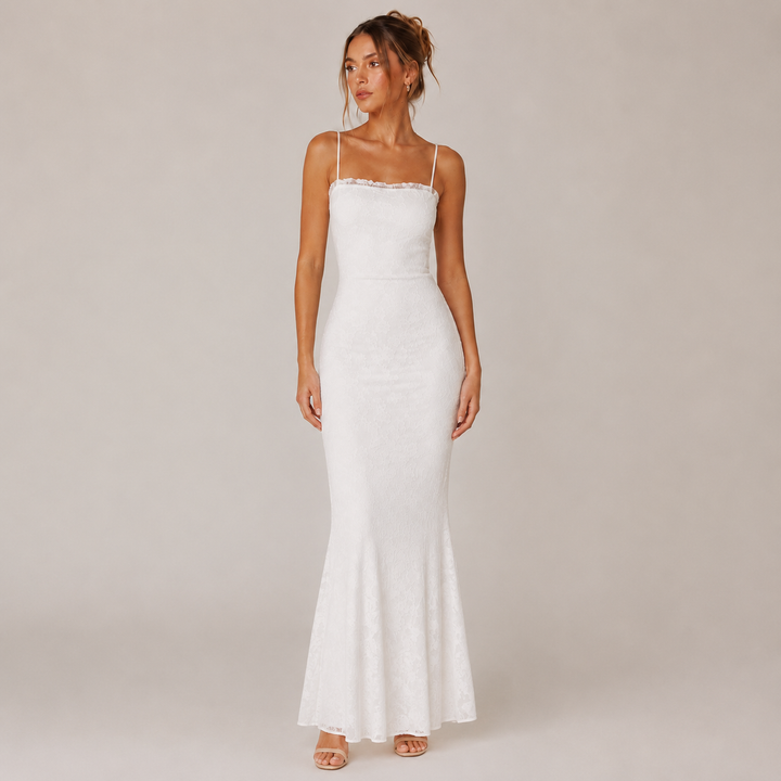 Faith | White Lace Up Back Mermaid Maxi Dress