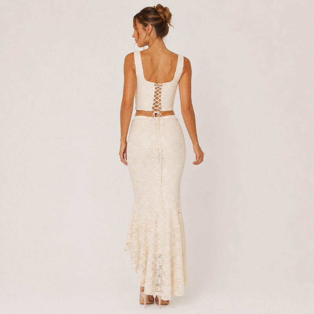 Halo | Cream Lace Crop Top High-Low Mermaid Skirt Set
