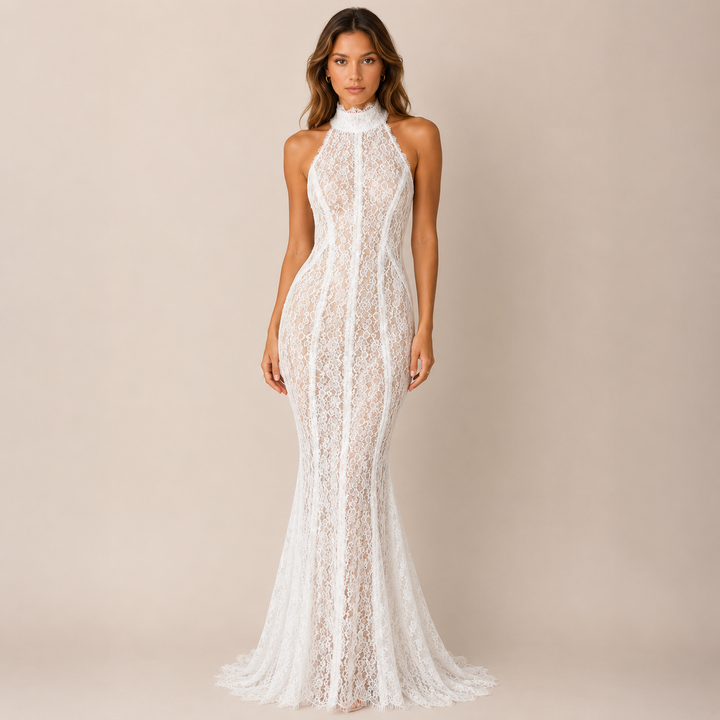 Yes | White Halter Lace Mermaid Maxi Dress