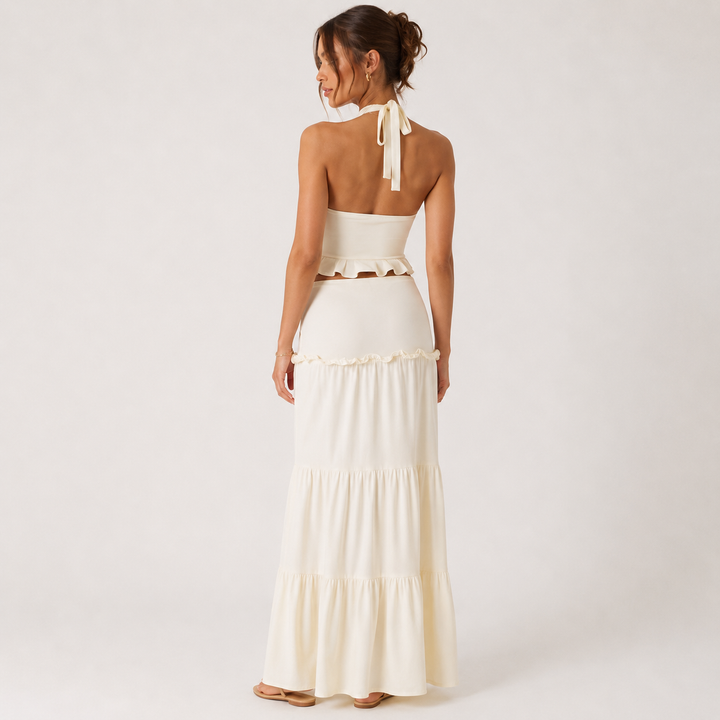 Gem | Light Yellow Halter Crop Top &amp; Tiered Maxi Skirt Set