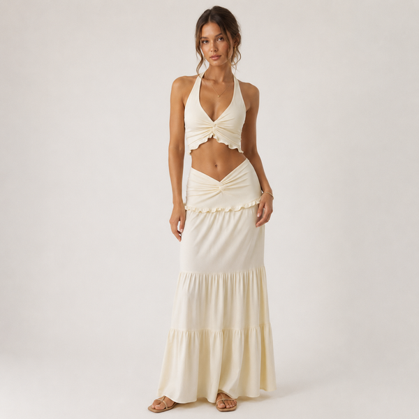Gem | Light Yellow Halter Crop Top & Tiered Maxi Skirt Set