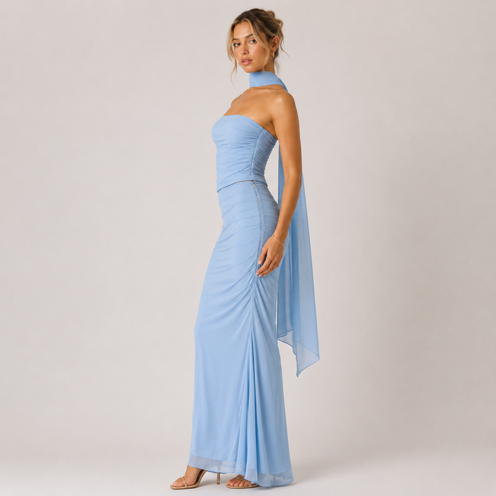 Try | Light Blue Mesh Strapless Tube Top &amp; Maxi Skirt Set