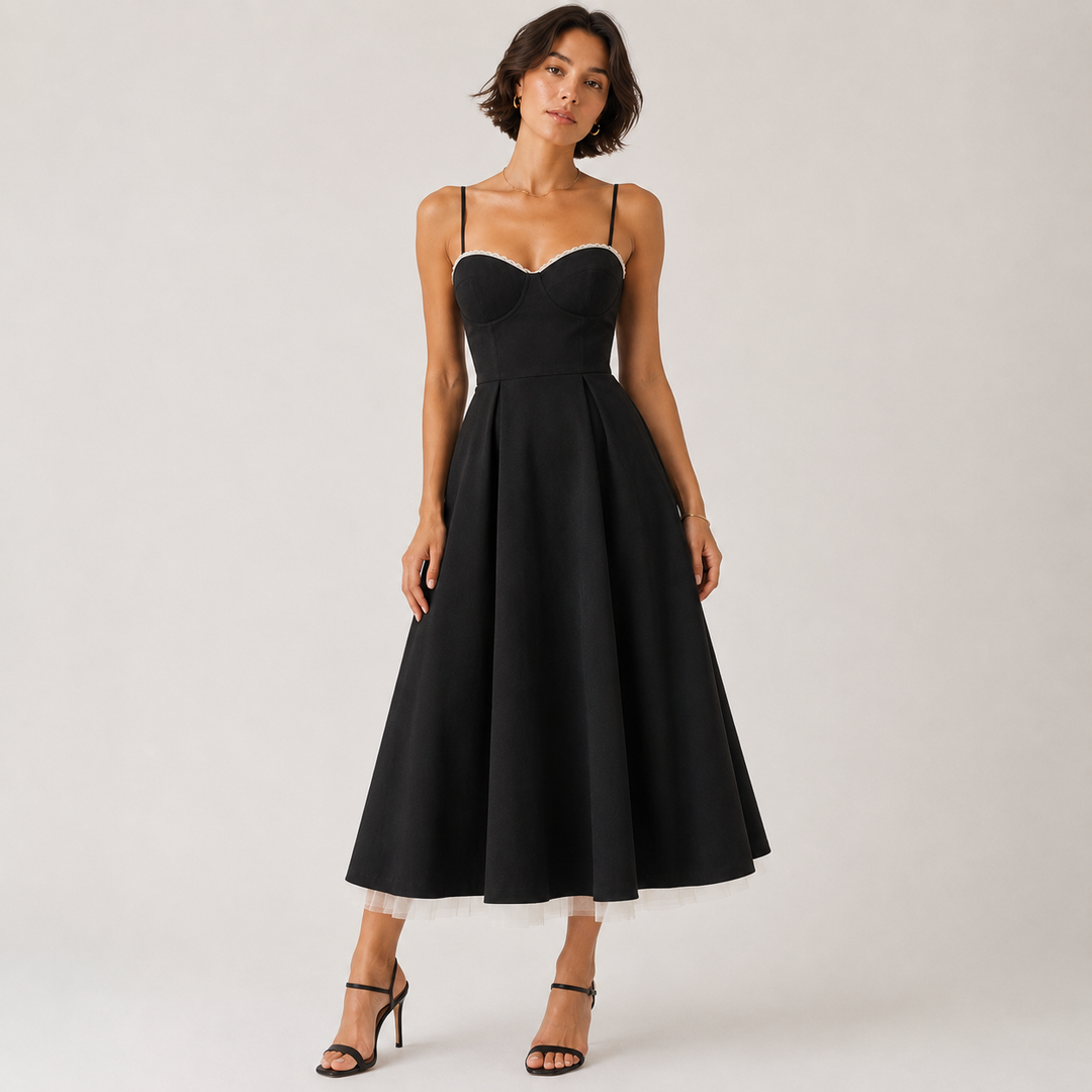 Adore | Black Bustier Lace Trim Midi Dress