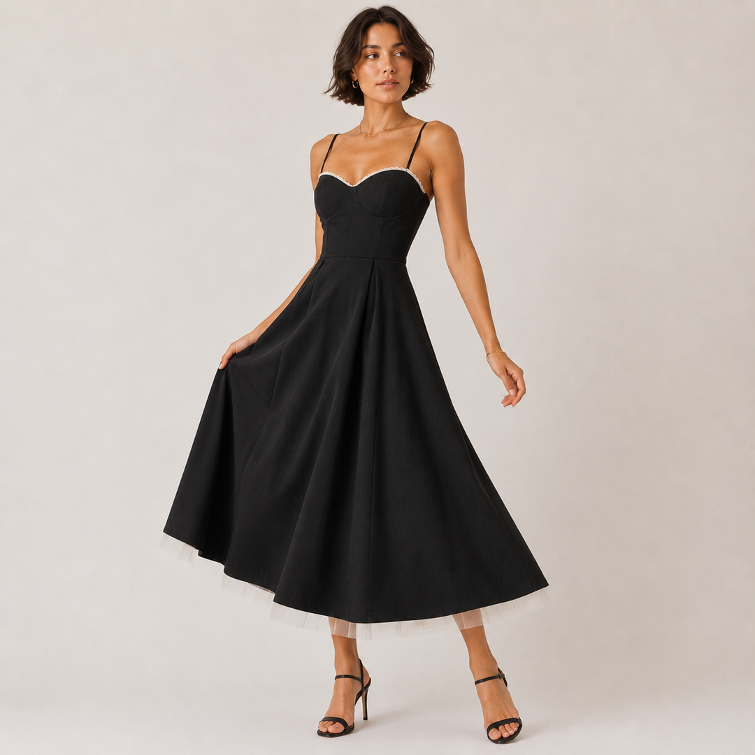 Adore | Black Bustier Lace Trim Midi Dress