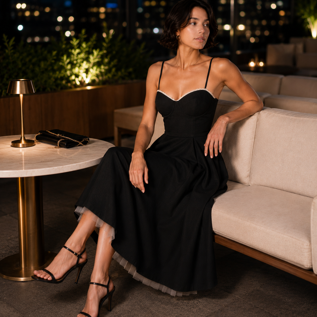 Adore | Black Bustier Lace Trim Midi Dress