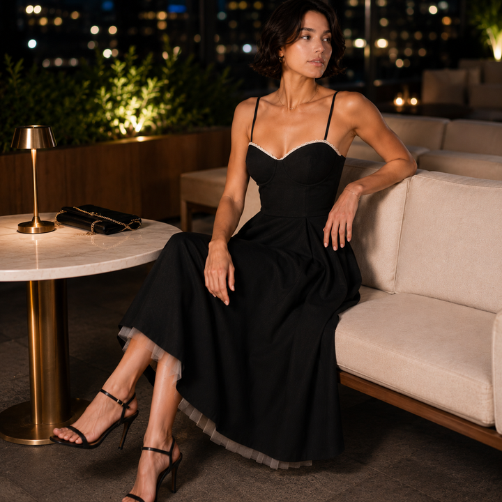 Adore | Black Bustier Lace Trim Midi Dress