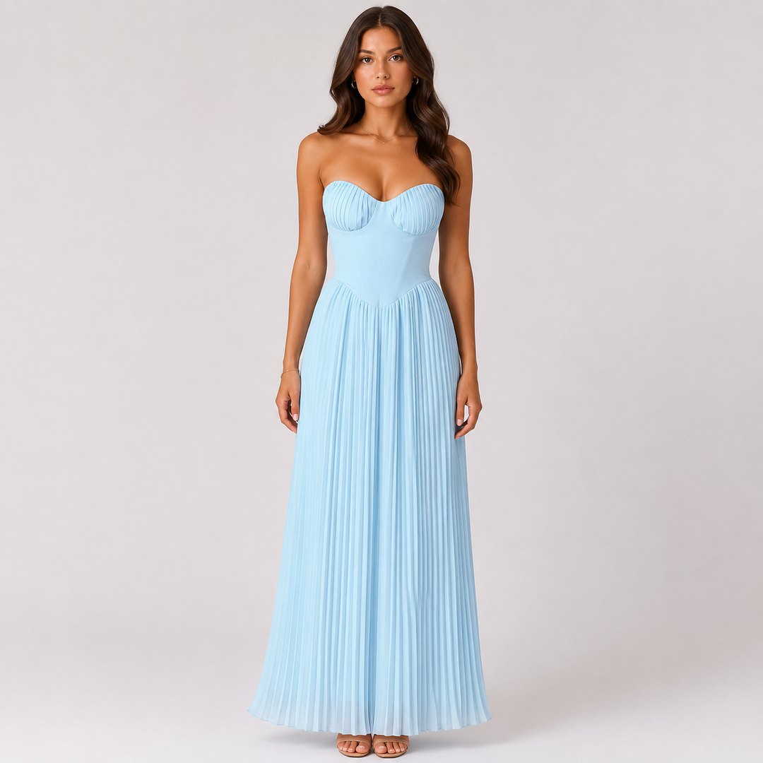 Dear | Baby Blue Strapless Pleated Corset Maxi Dress