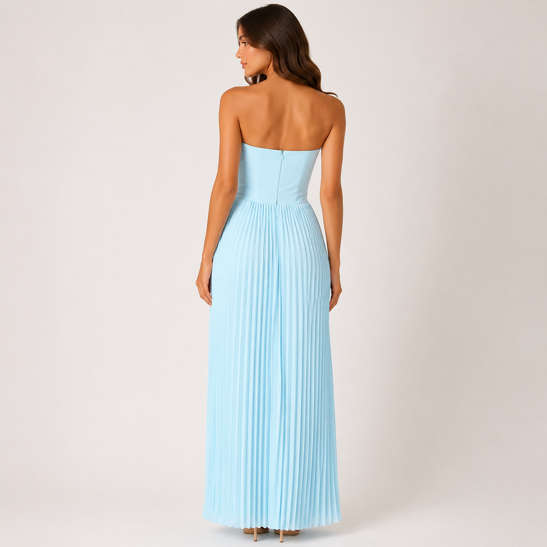 Dear | Baby Blue Strapless Pleated Corset Maxi Dress