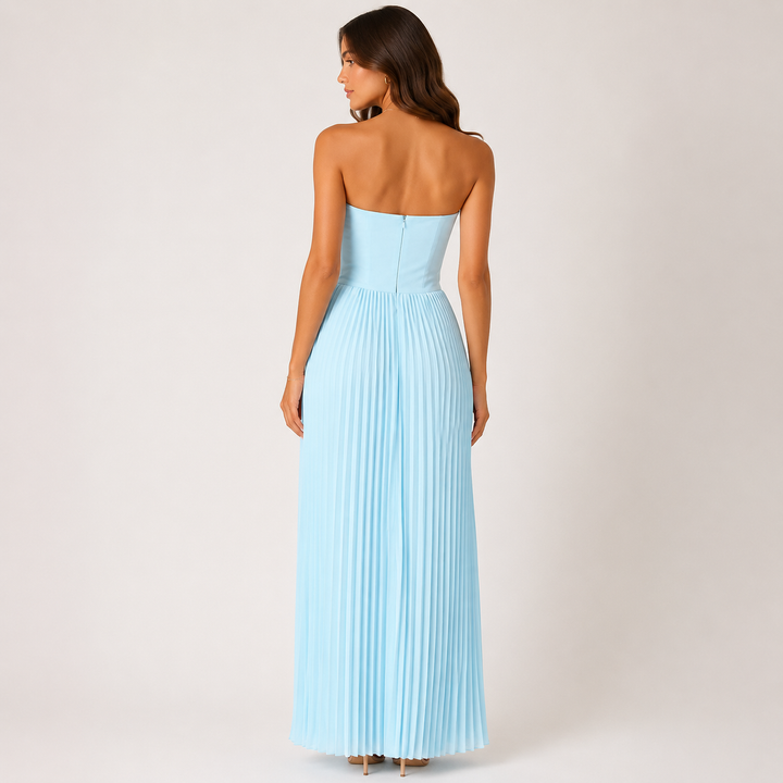 Dear | Baby Blue Strapless Pleated Corset Maxi Dress