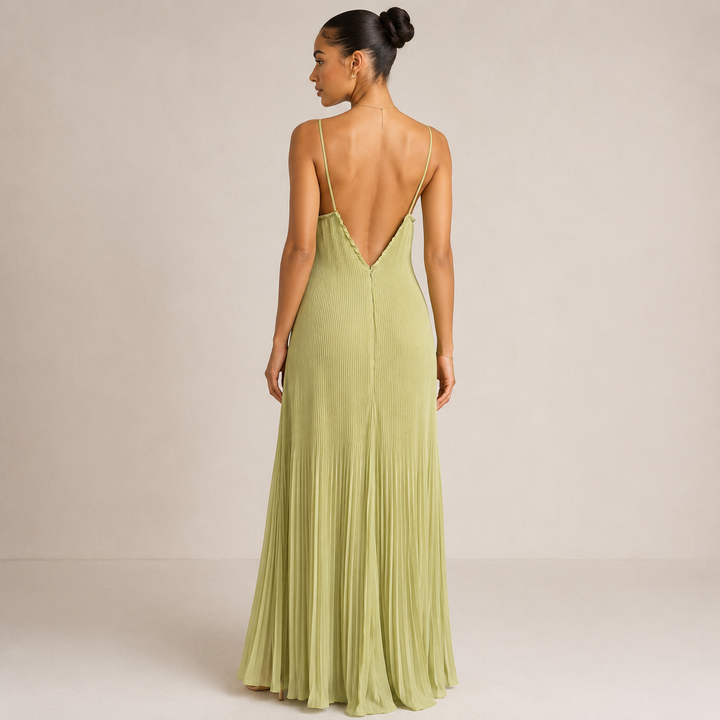 Spill | Sage Green Pleated Wrap Open Back Maxi Dress