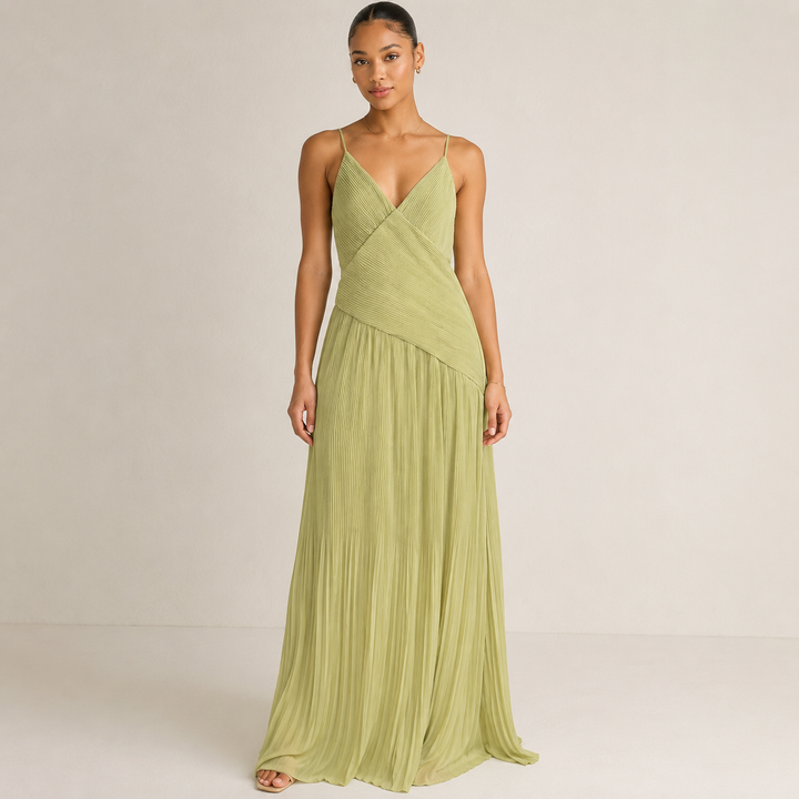 Spill | Sage Green Pleated Wrap Open Back Maxi Dress