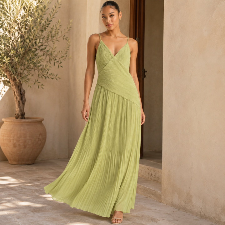 Spill | Sage Green Pleated Wrap Open Back Maxi Dress