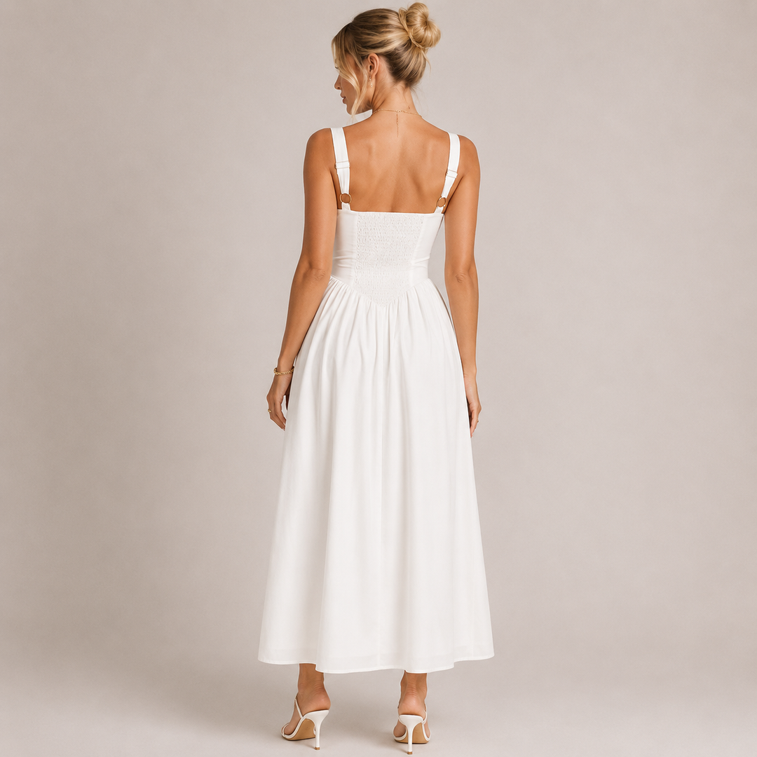 Live | White Square Neck Ruched Midi Dress
