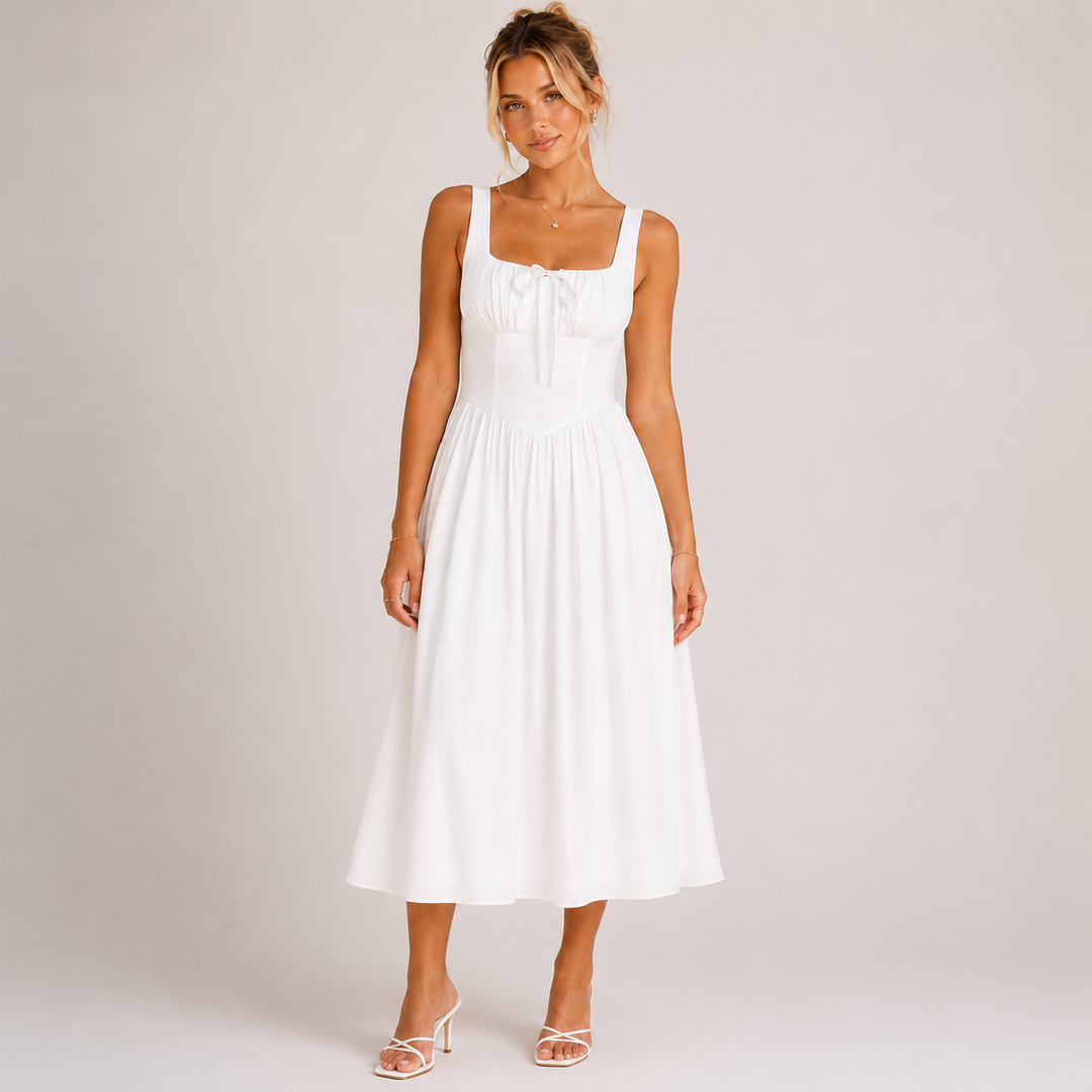 Live | White Square Neck Ruched Midi Dress