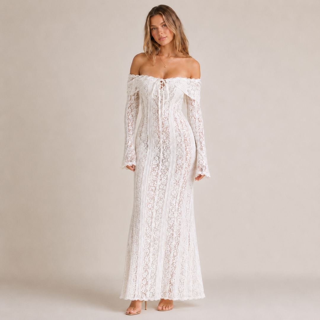 Aura | White Lace Off Shoulder Maxi Dress