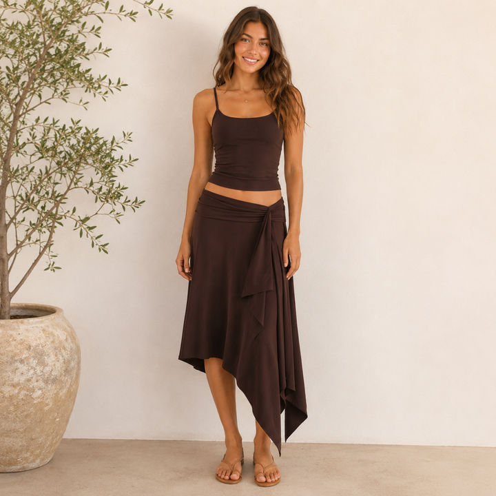 Breeze | Brown Cami Top Wrap Midi Skirt Set